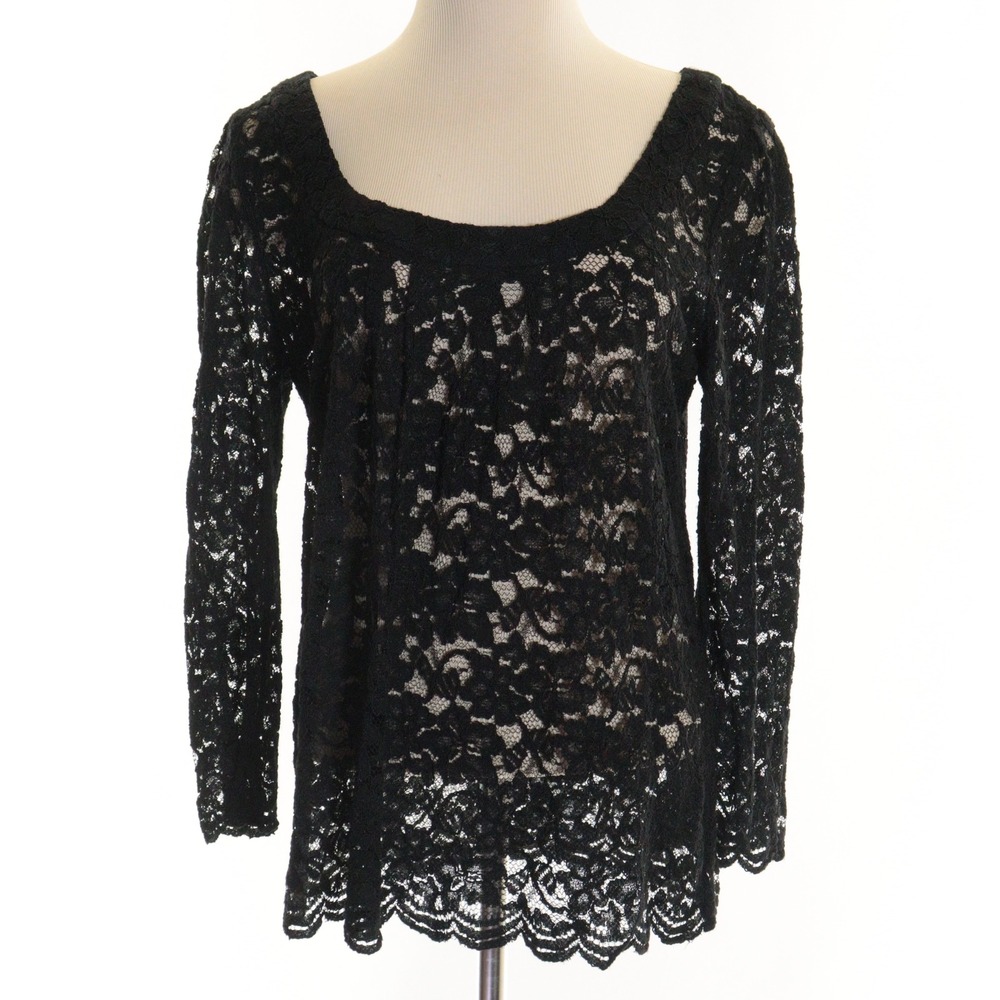 Diane von Furstenberg Blouse Lace Floral Scalloped Black Rayon Women 14